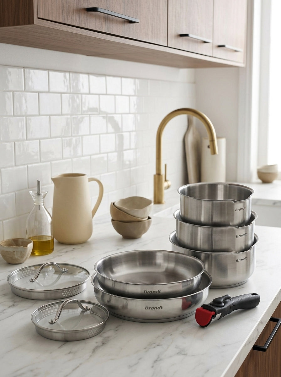 BRANDT - Set De 3 Casseroles En Inox + 2 Poêles + 1 Poignée Amovible + 3 Couvercles Passoires Avec Manche En Inox - Argenté / Noir / Rouge