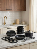 BRANDT - Set De 3 Poêles + 3 Casseroles + 3 Couvercles + 3 Couvercles Hermétiques + Marmite Avec Couvercle + 2 Poignées Amovibles - Noir
