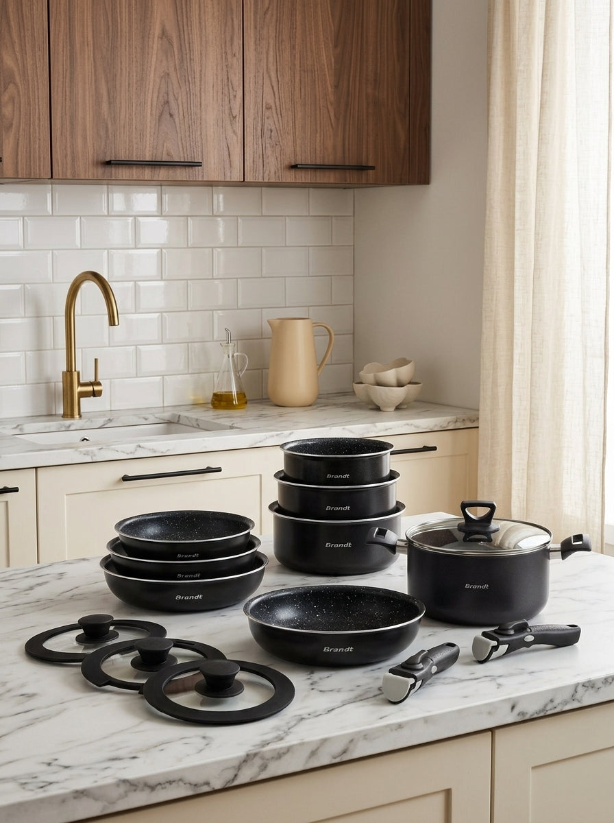 BRANDT - Set De 3 Poêles + 3 Casseroles + 3 Couvercles + 3 Couvercles Hermétiques + Marmite Avec Couvercle + 2 Poignées Amovibles - Noir