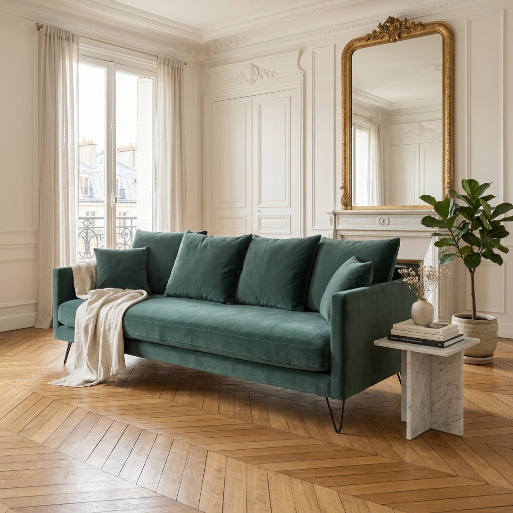 Villabon - 4-Seater Sofa Bed - Velvet, Black Hairpin Legs - Eucalyptus Green