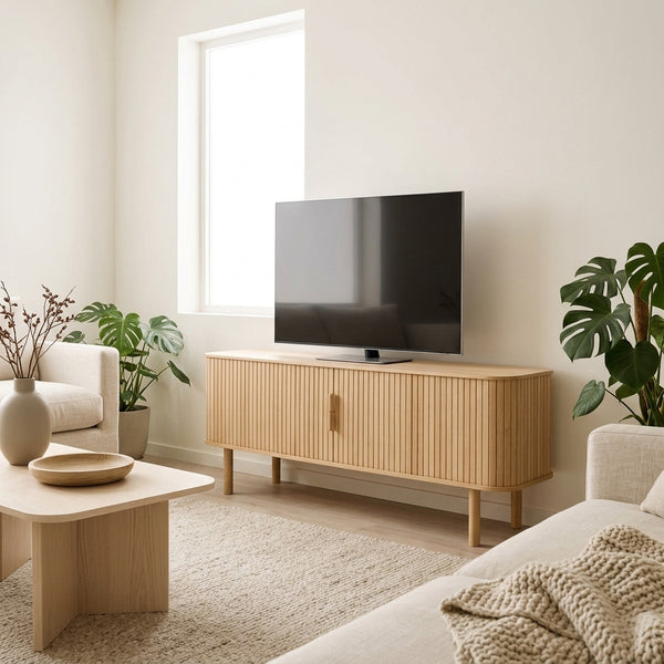 Callan - Mueble de TV con Puertas Correderas - Madera Estriada - Madera Clara