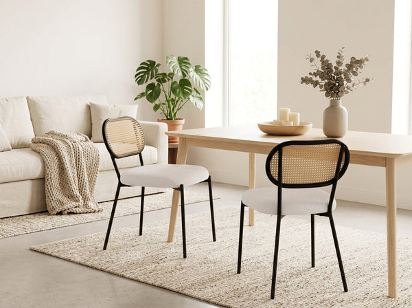 Luciano - Set of 2 Cane Chairs with Rounded Backrest - Bouclé Fabric - Beige