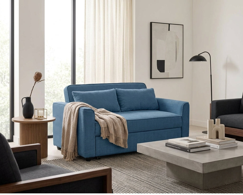 Ernest - 2-Seater Straight Sofa Bed - Corduroy - Blue
