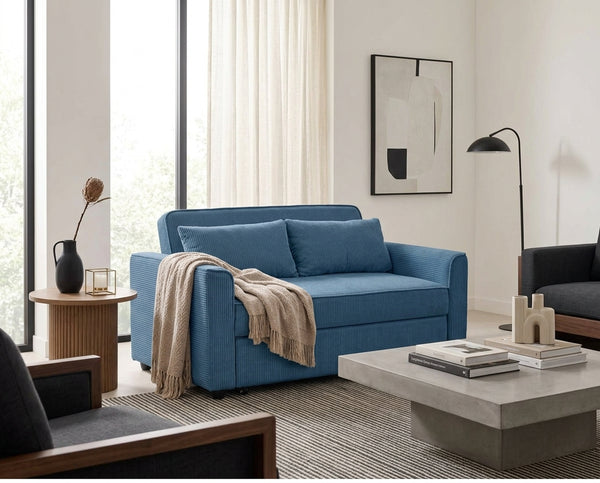 Ernest - 2-Seater Straight Sofa Bed - Corduroy - Blue