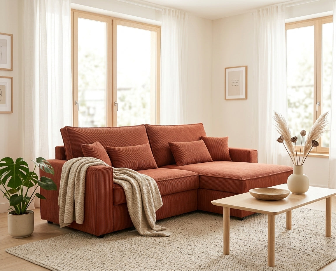 Garance - Divano angolare reversibile 4 posti - Velluto a coste - Terracotta