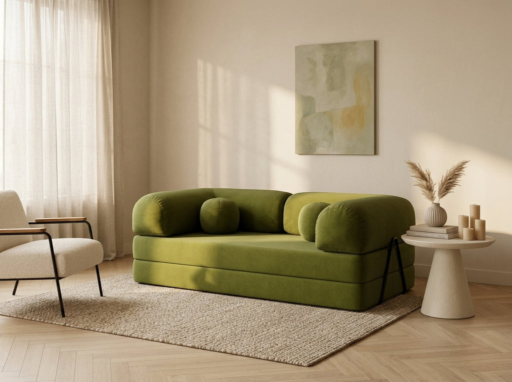 Nebula - Canapé 3 Places Convertible - Velours Texturé - Vert Kaki