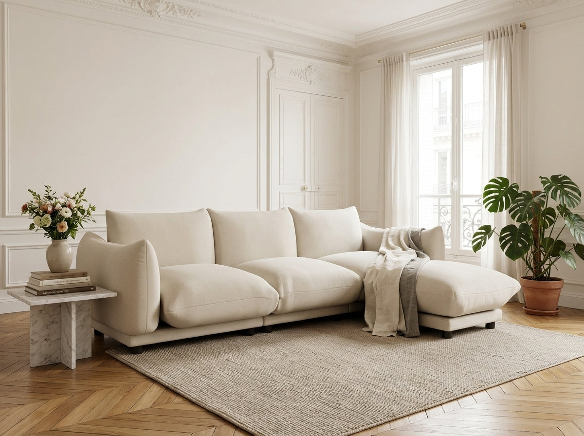 Jeanne - Canapé Modulable D'Angle Réversible 4 Places - Velours Texturé - Beige