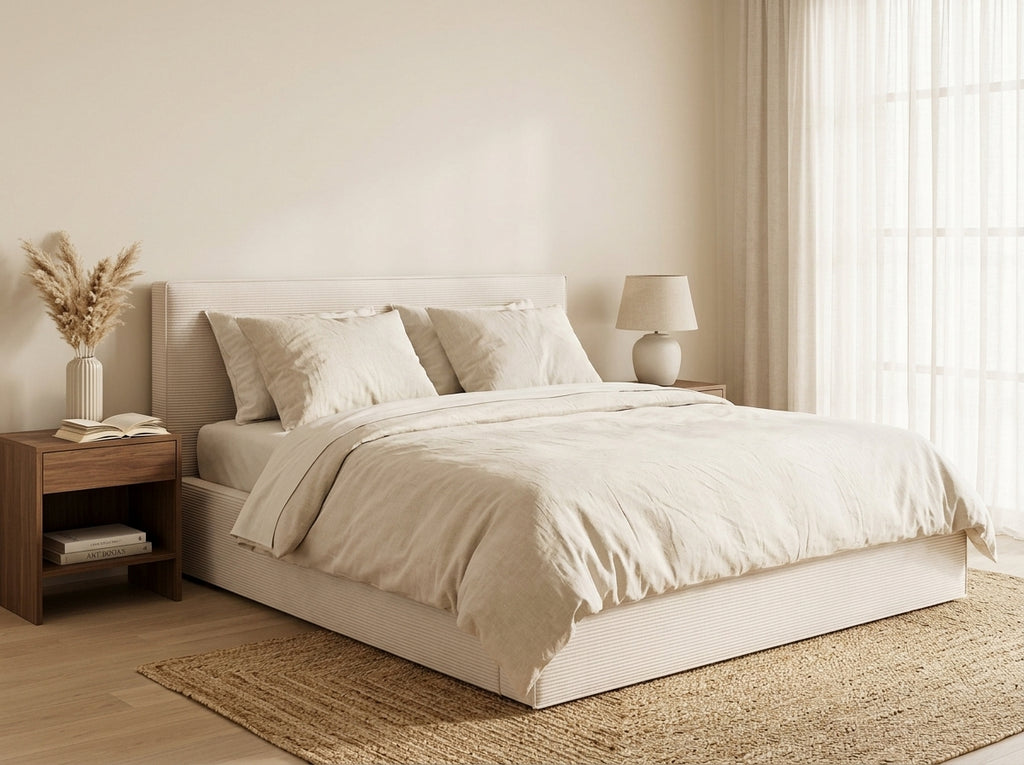 Topaze - Lit Coffre Sommier Inclus - Velours Côtelé - Beige