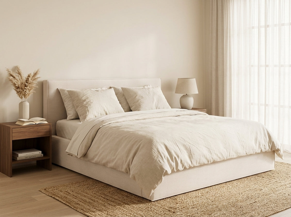 Topaze - Lit Coffre Sommier Inclus - Velours Côtelé - Beige