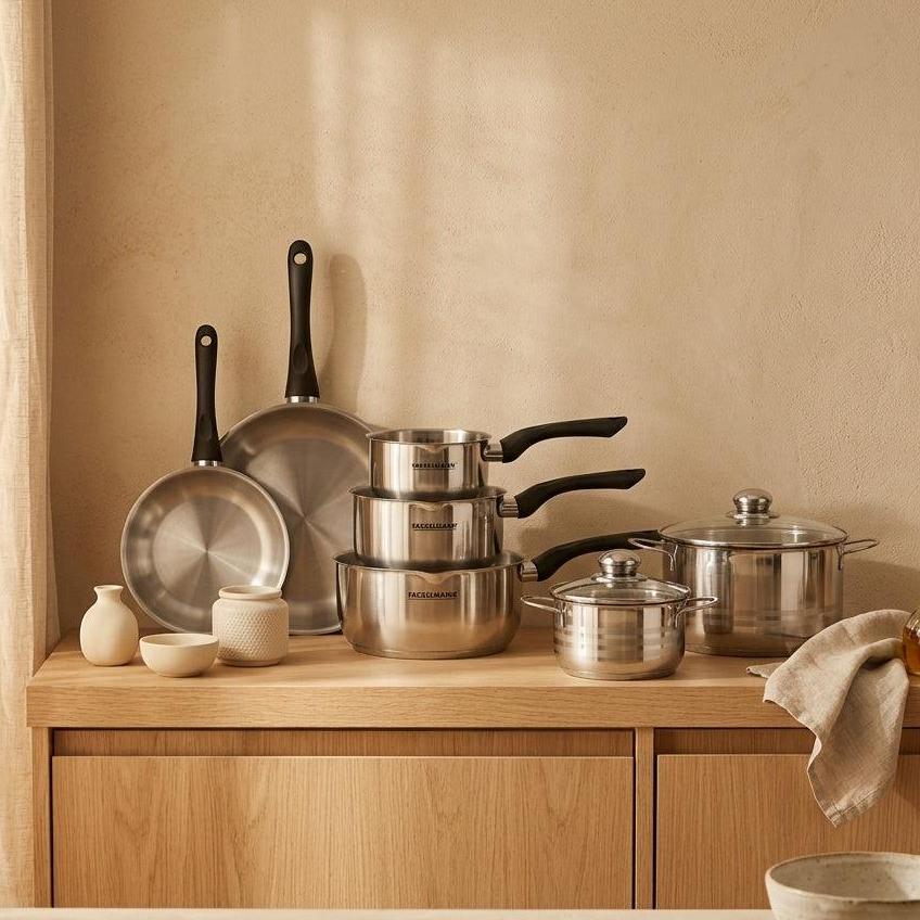 Batería De Cocina Con 2 Sartenes 3 Cazos Y 3 Cacerolas De Acero Inoxidable Sin Pfas Fackelmann Généva Brillant - Inox/Negro