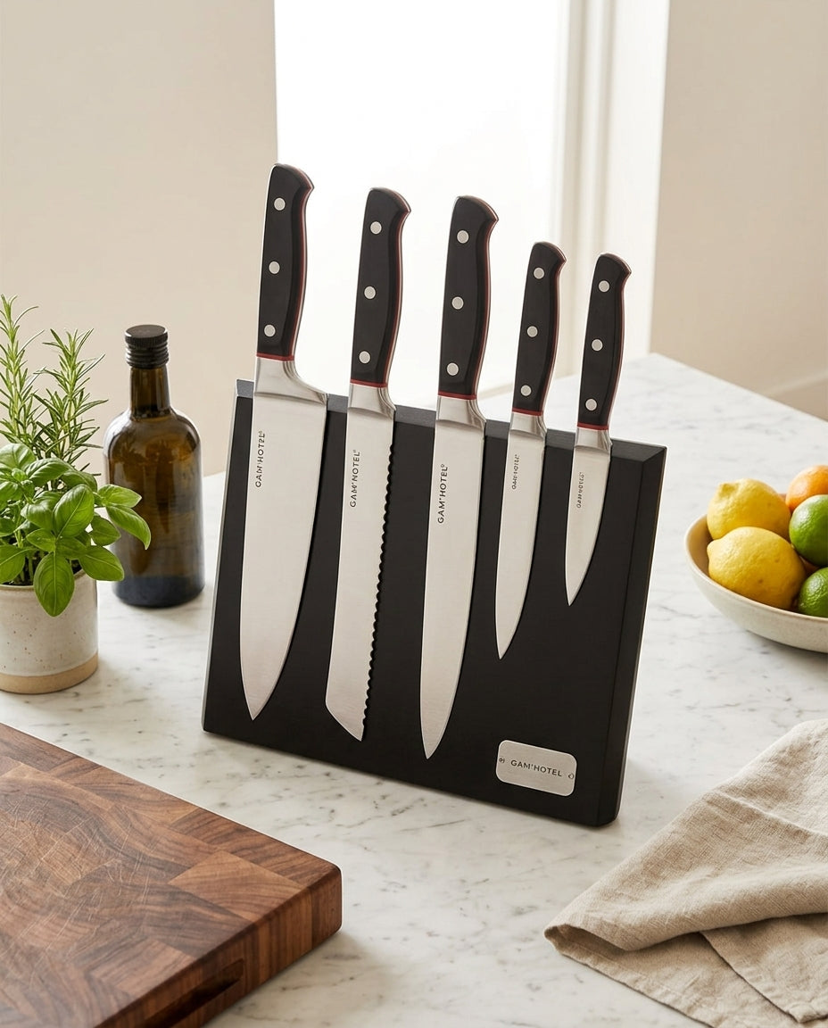Hiro - Gam'Hotel - Ceppo magnetico con 5 coltelli - Nero/Rosso