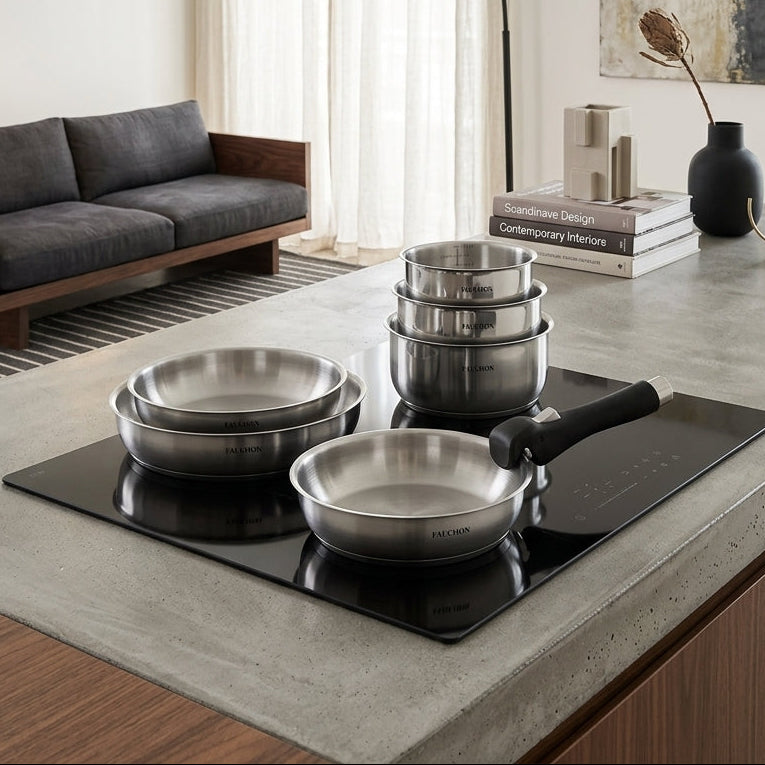 Fauchon - 7-Piece Induction Cookware Set with Detachable Handles, 18/8 Stainless Steel - Silver