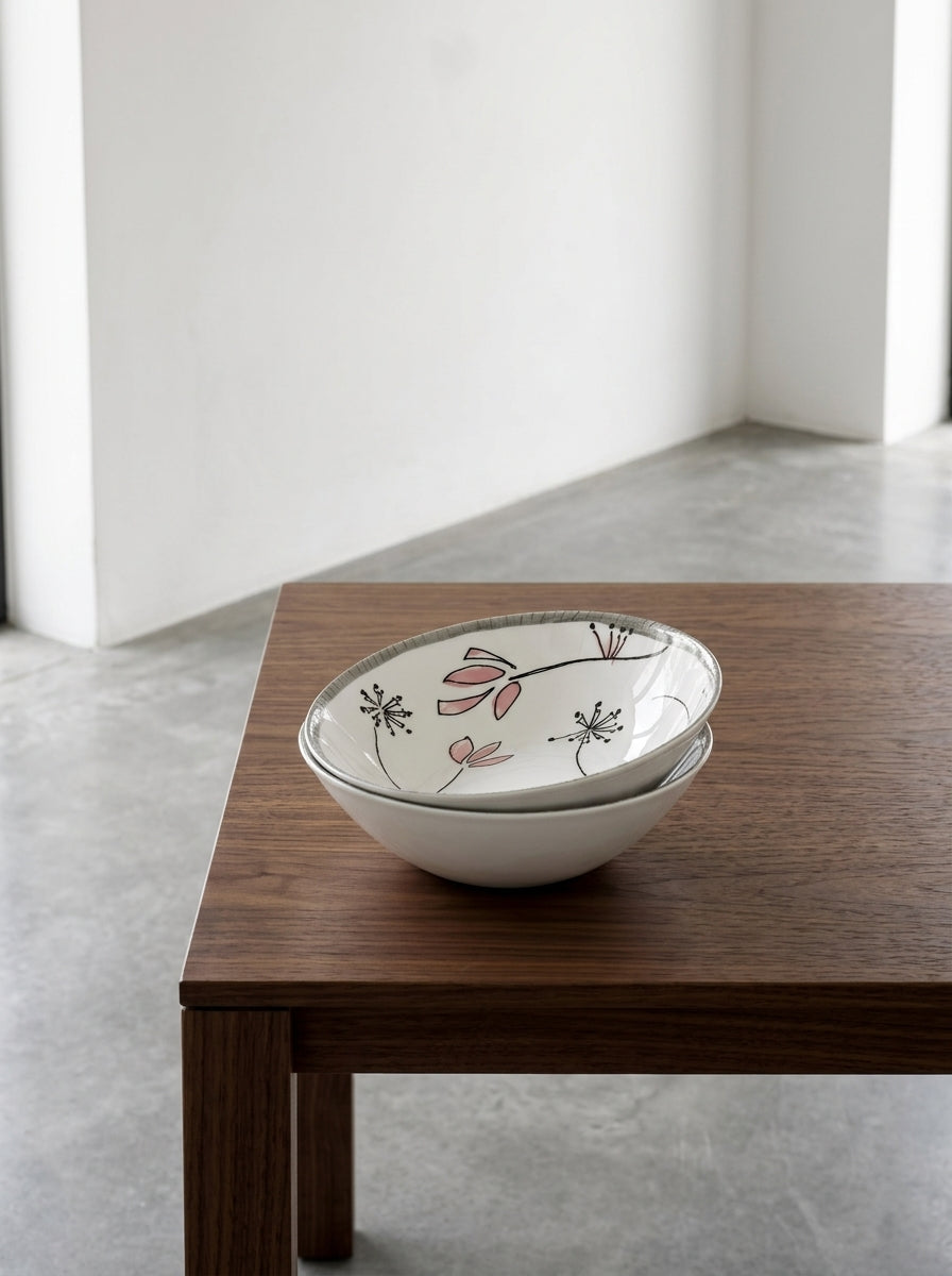 Midnight Flowers - 2er-Set Flache Schalen - M - Bone-China-Porzellan - Fiore Rosa