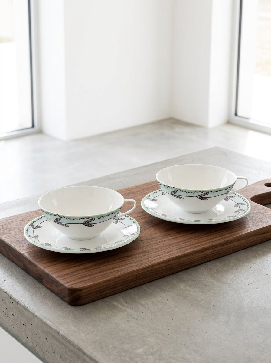Midnight Flowers - Lot De 2 Tasses À Thé + Soucoupes - Porcelaine Bone China - Blossom Milk