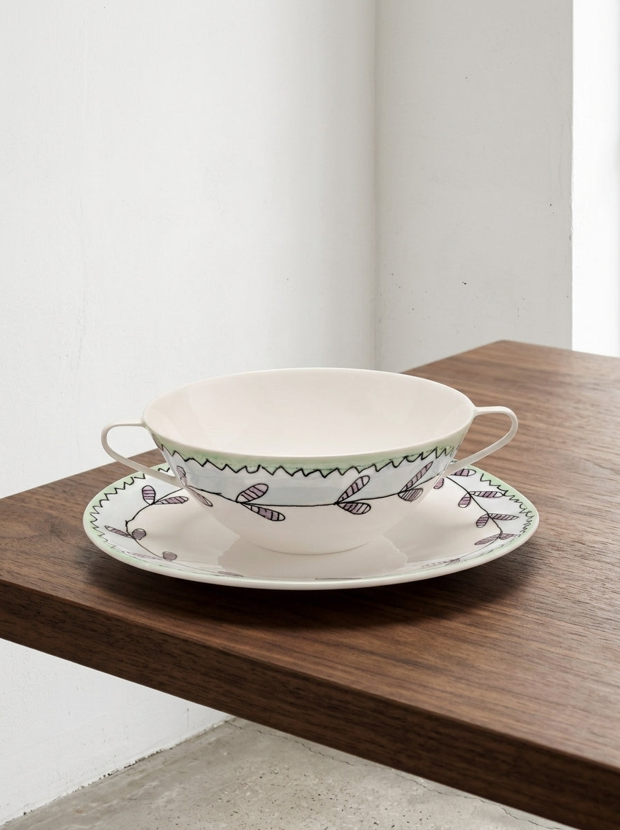 Midnight Flowers – 2er-Set Bouillontassen + Untertassen – Bone-China-Porzellan – Blossom Milk