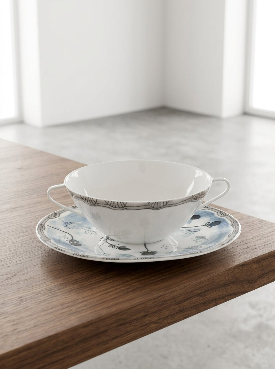 Midnight Flowers - 2er-Set Suppentassen + Untertassen - Bone-China-Porzellan - Mirtillo Tea