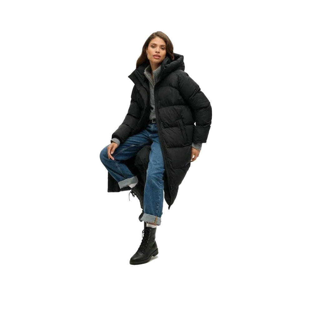 Superdry Long Hooded Down Jacket - Lang jakke til damer Sort