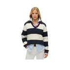 Superdry Oversized Twisted Striped V Neck - Pull Femme Bleu