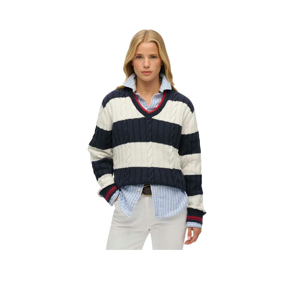 Superdry Oversized Twisted Striped V Neck - Pull Femme Bleu