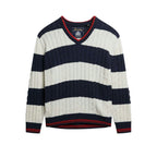 Superdry Oversized Twisted Striped V Neck - Pull Femme Bleu