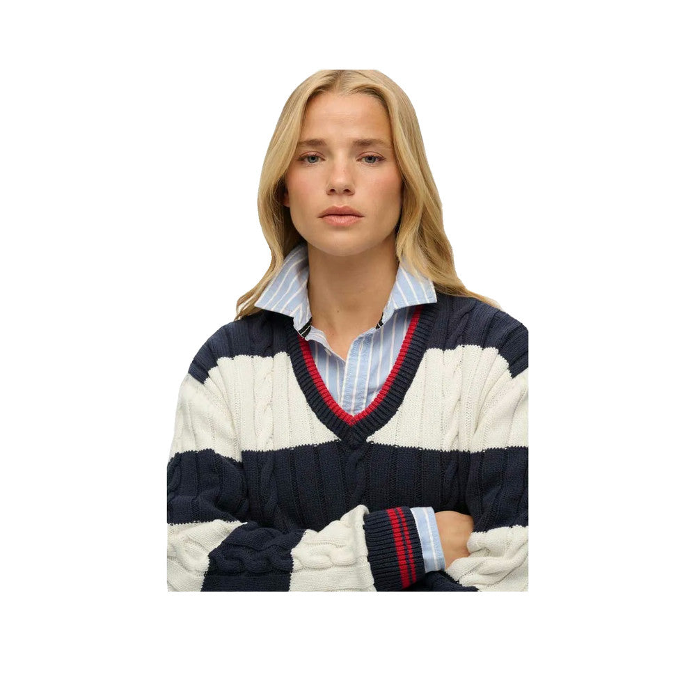Superdry Oversized Twisted Striped V Neck - Pull Femme Bleu