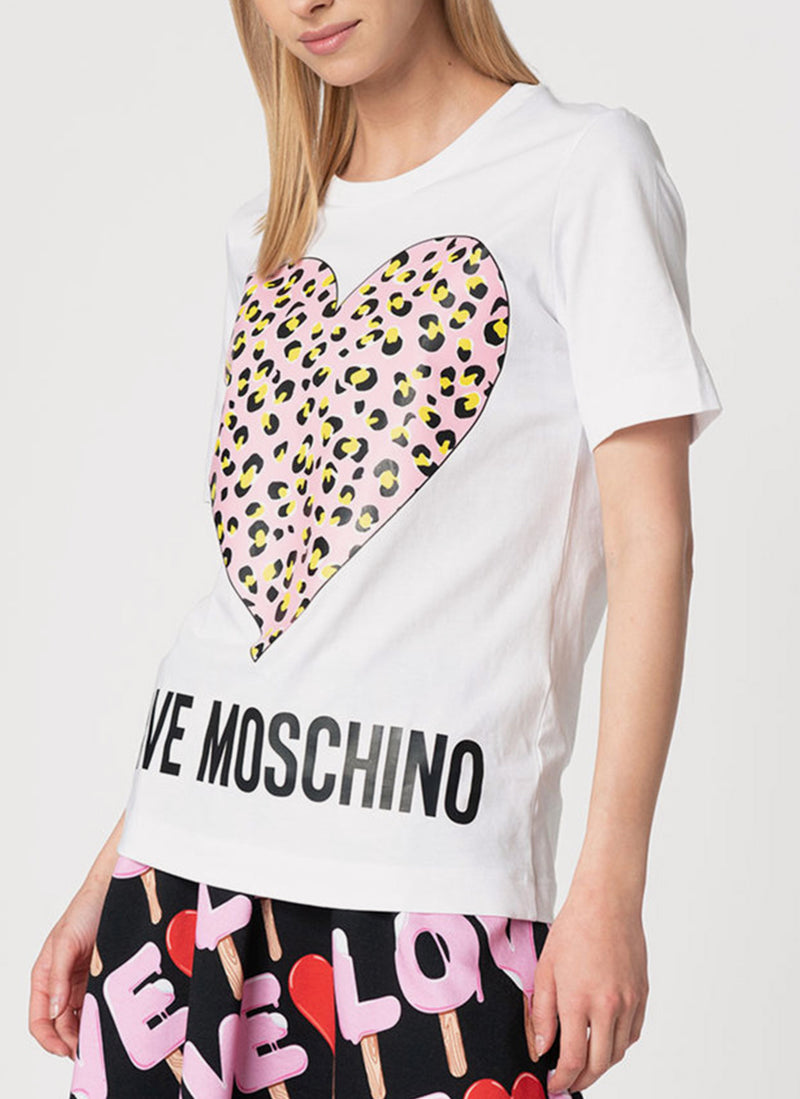 Moschino - T-Shirt Coeur Leopard - Optical White - Femme