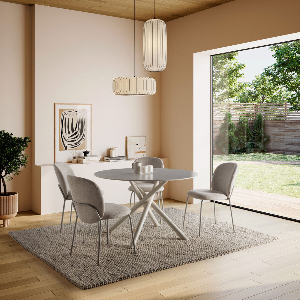 Mattheo - Round Metal Dining Table for 4 - Travertine Effect - Beige