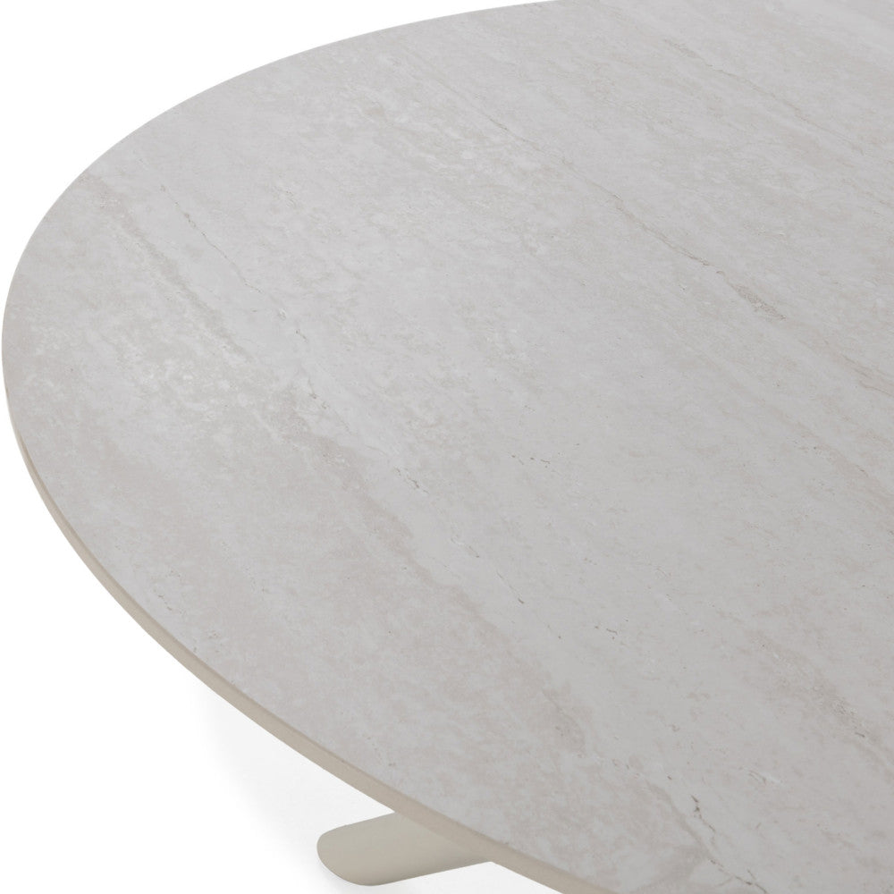 Mattheo - Round Metal Dining Table for 4 - Travertine Effect - Beige