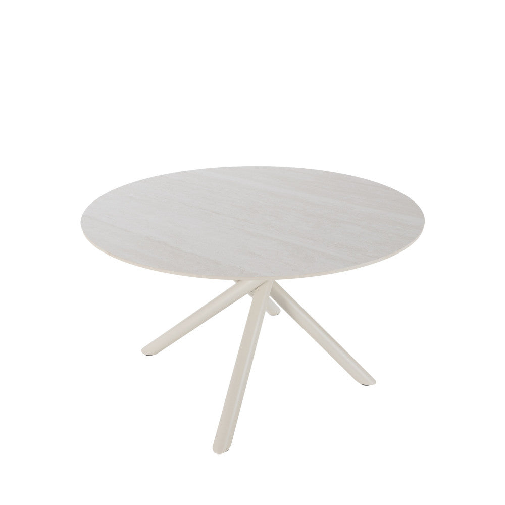 Mattheo - Round Metal Dining Table for 4 - Travertine Effect - Beige