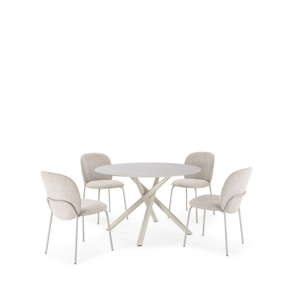 Mattheo - Round Metal Dining Table for 4 - Travertine Effect - Beige