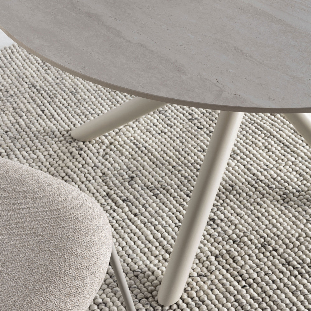 Mattheo - Round Metal Dining Table for 4 - Travertine Effect - Beige