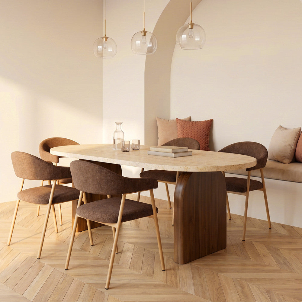 Lipali - 6-Seater Travertine-Effect and Wood Dining Table - Beige