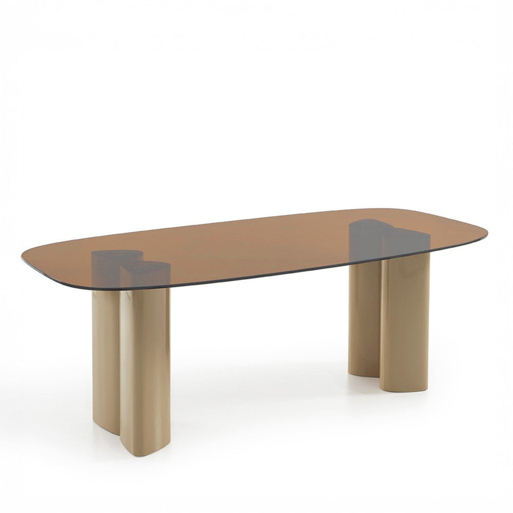 Alty - Mesa De Comedor Para 8 Personas - Vidrio Y Patas De Madera Lacada Beige - Vidrio Ámbar