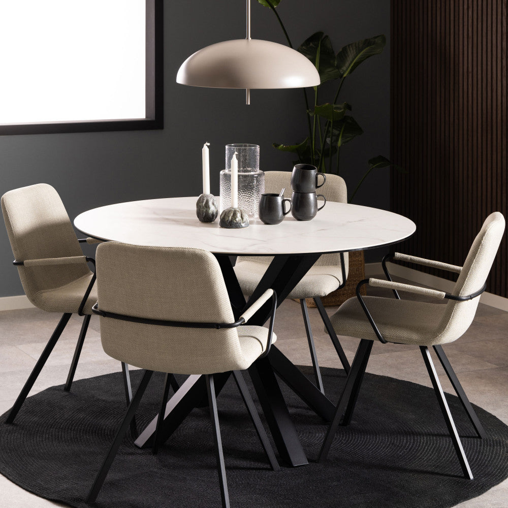 Eurame - Mesa de comedor redonda para 4 personas - Cerámica y metal - Blanco