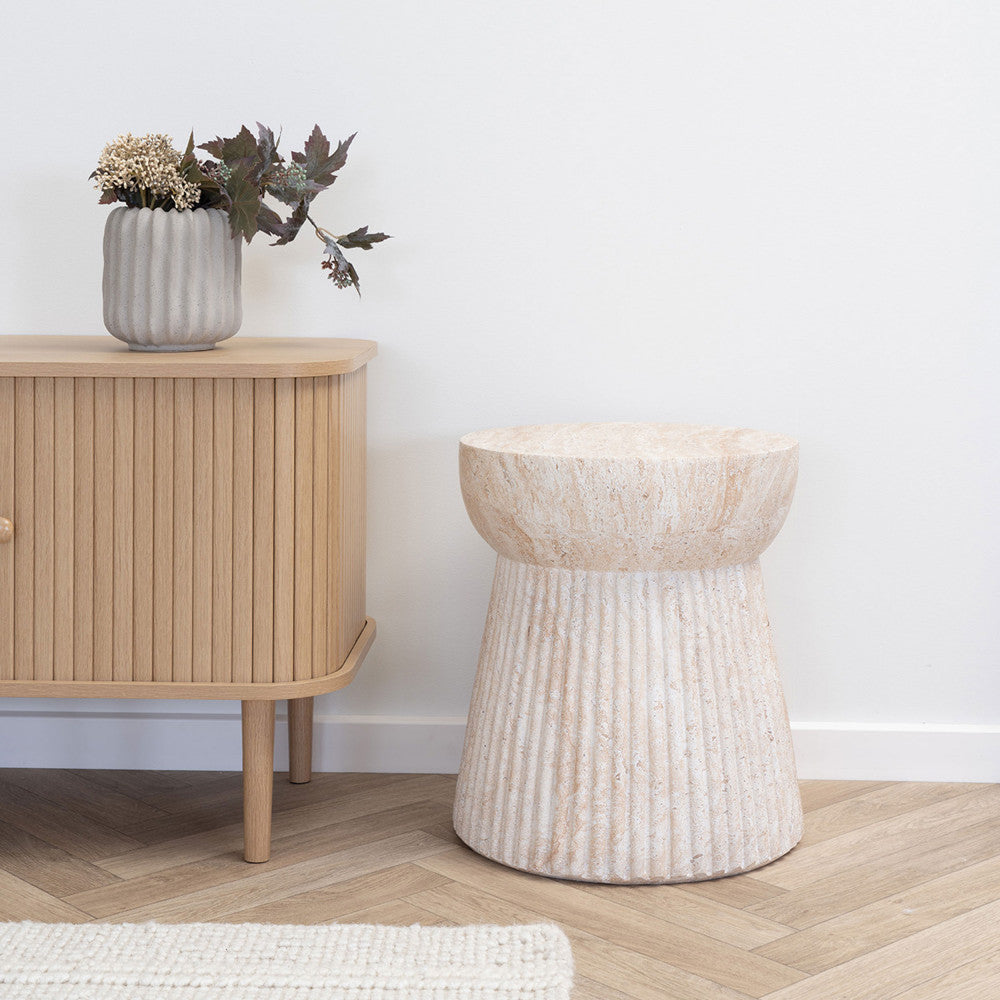Bonn - Table D'Appoint Ronde Effet Travertin - Beige