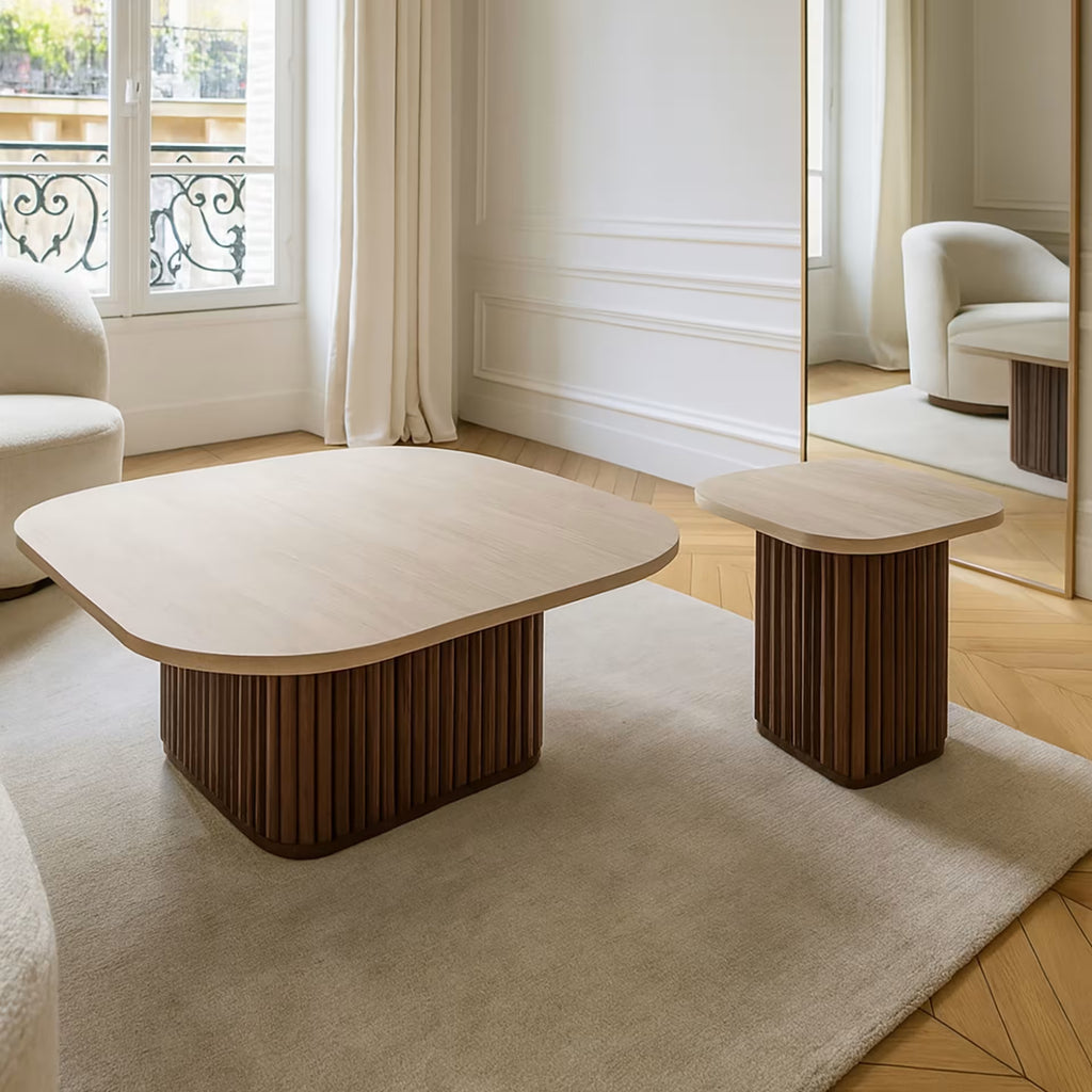 Esther - Table Basse Carré - Effet Travertin - Noyer/Naturel
