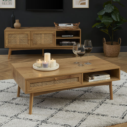 Coffee Table - Ines - Oak Effect and Rattan Cane