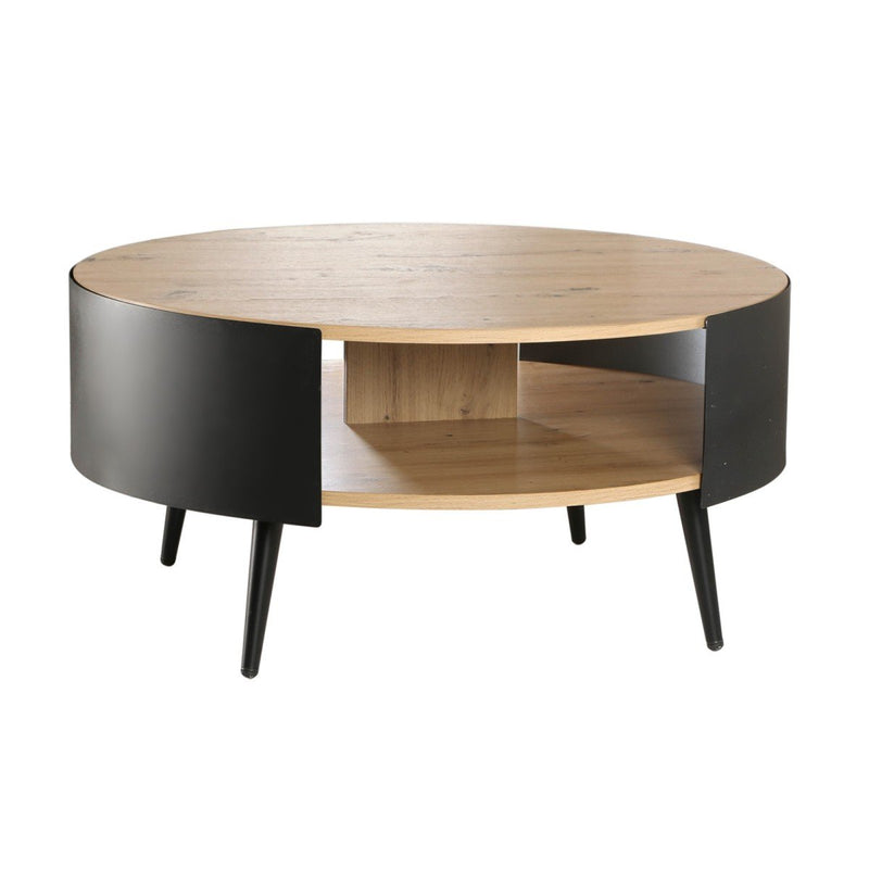 Table Basse Ronde 2 Niveaux Flancs Métal Noir - Décor Bois