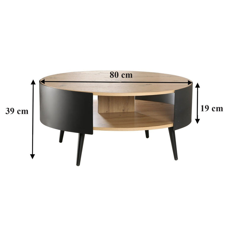 Table Basse Ronde 2 Niveaux Flancs Métal Noir - Décor Bois