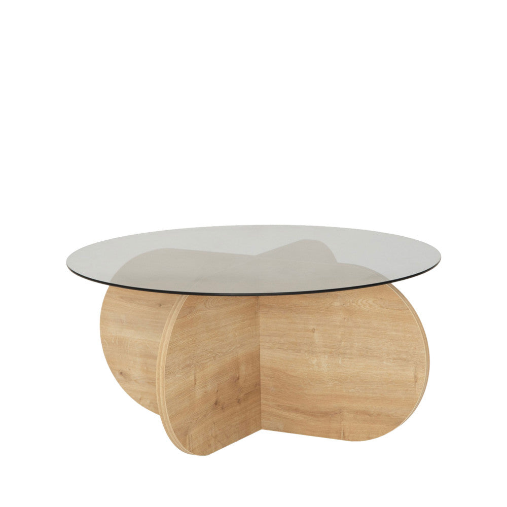 Bully - Mesa de centro redonda - Vidrio templado y madera - Madera clara