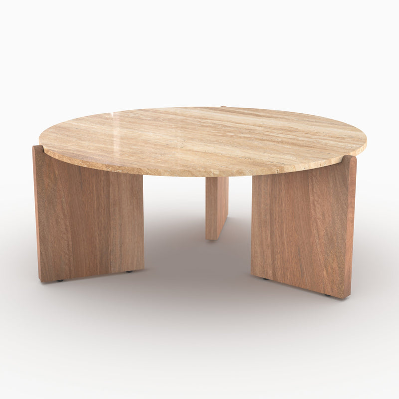 Table basse Sierra en travertin et bois D85 cm