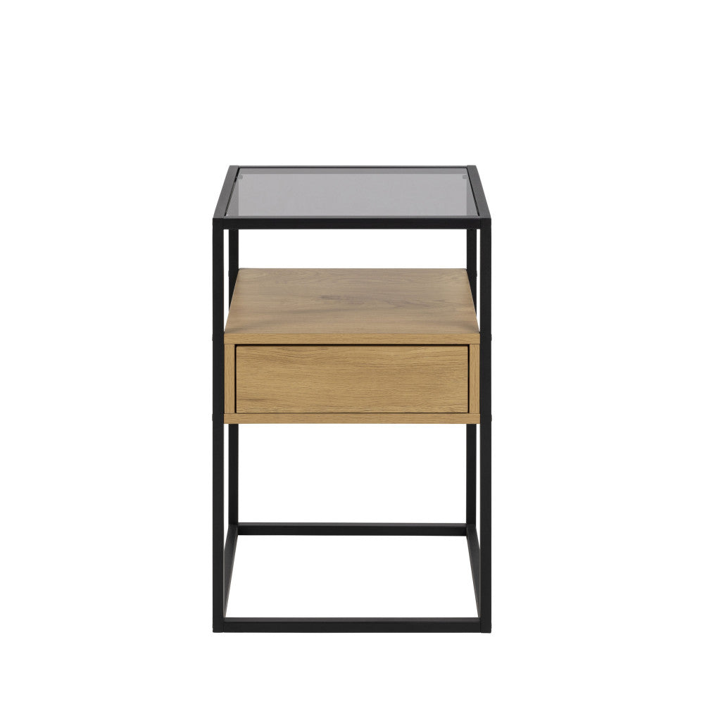 Luma - Table De Chevet 1 Tiroir - Verre, Bois Et Métal - Bois Clair