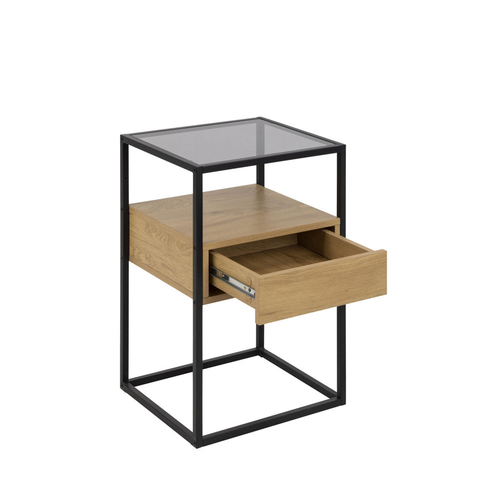 Luma - Table De Chevet 1 Tiroir - Verre, Bois Et Métal - Bois Clair
