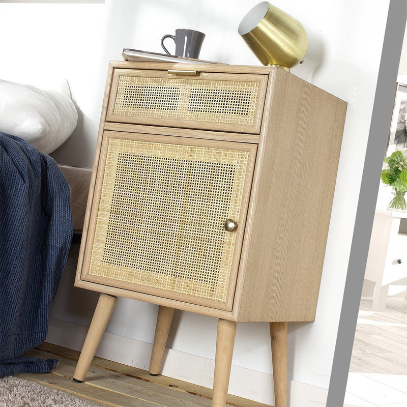 Table De Chevet Avec Cannage En Rotin Naturel - Décor Bois