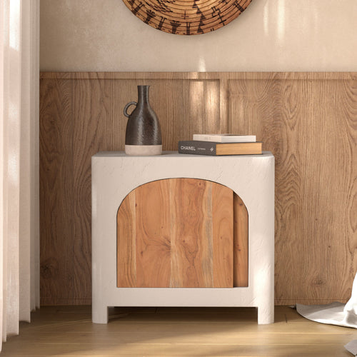 Fira - Table De Chevet En Plâtre Blanc Cassé Et Bois D'Acacia