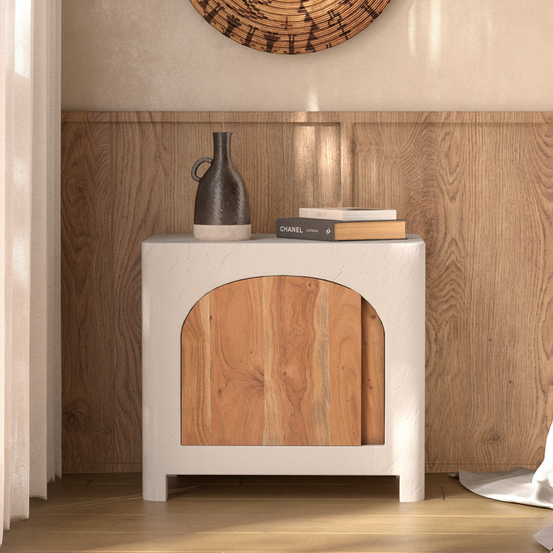 Table de chevet Fira en plâtre blanc cassé et bois d'acacia