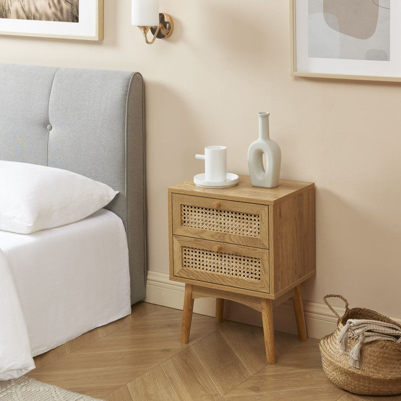Table De Chevet - Ines - Effet Chêne & Cannage Rotin