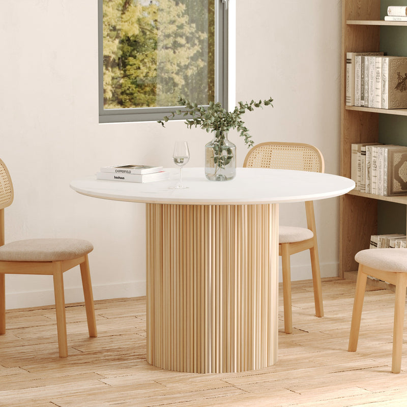 Table ronde 4 personnes Agathe en marbre blanc et bois de manguier