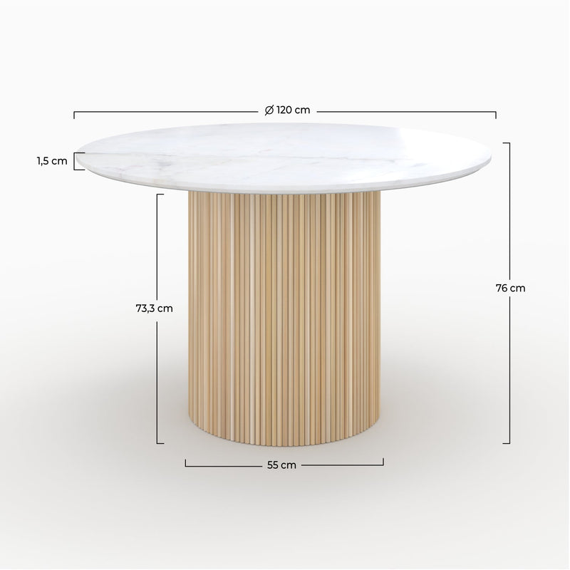 Table ronde 4 personnes Agathe en marbre blanc et bois de manguier
