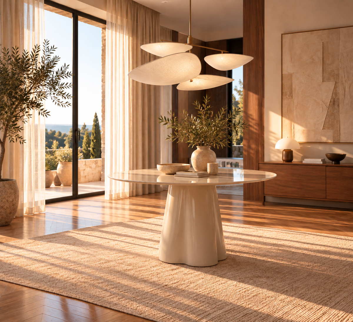 Riva - Round dining table 120 cm - Tempered glass - Beige